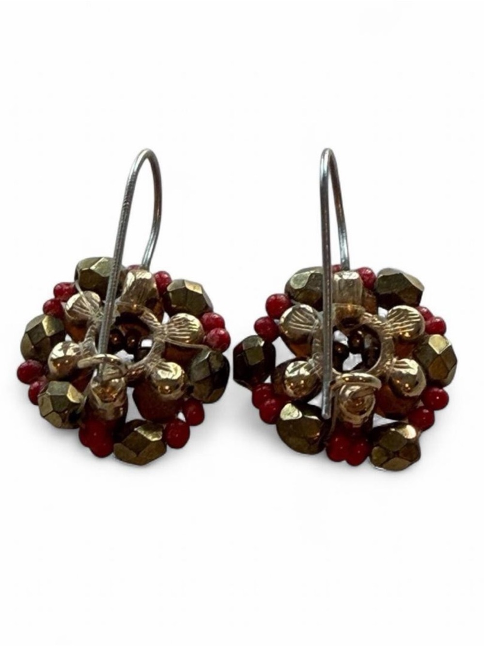 Vintage Beaded Cluster Drop Earrings Red Amber Gold - Picture 4 of 4